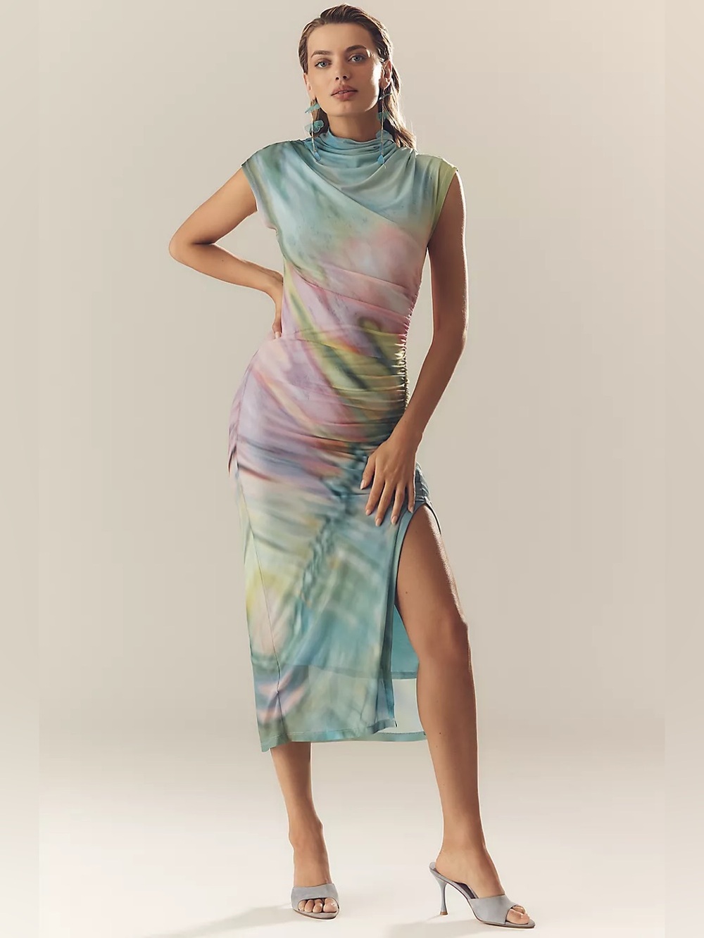 NWT Anthropologie The Maya Ruched Cowl Neck Mesh Dress Watercolor S Small - Picture 3 of 5